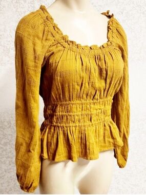 MADEWELL Sophia Mustard Smocked Waist Peasant Blouse Size XXS